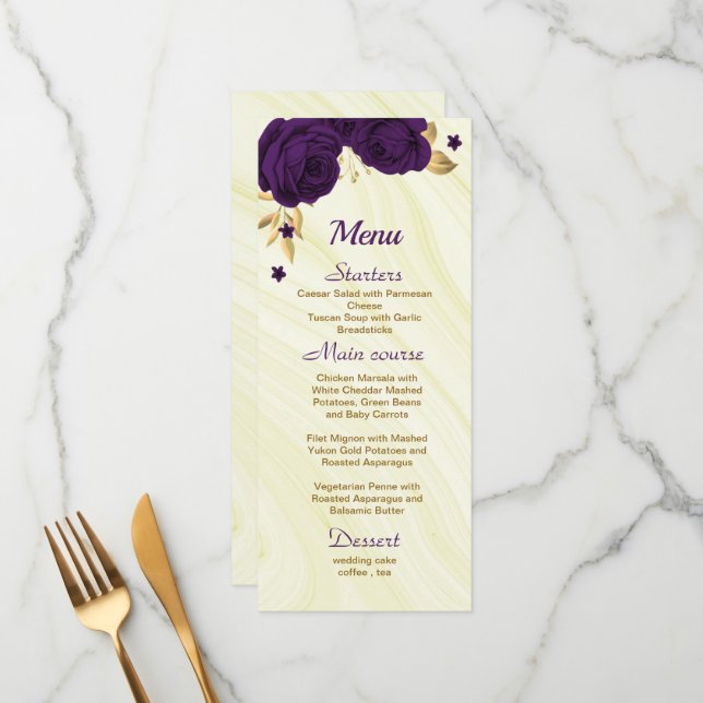 Menu casamento floral de ouro roxo e gico (Frente/Verso In Situ)