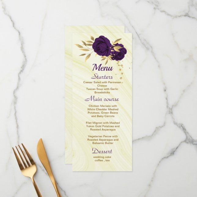 Menu casamento floral de ouro roxo e gico (Frente/Verso In Situ)