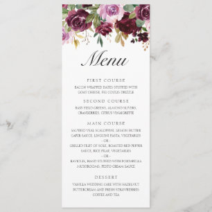 Menu Casamento Floral de Outono em Aquarela Roxa Elegan