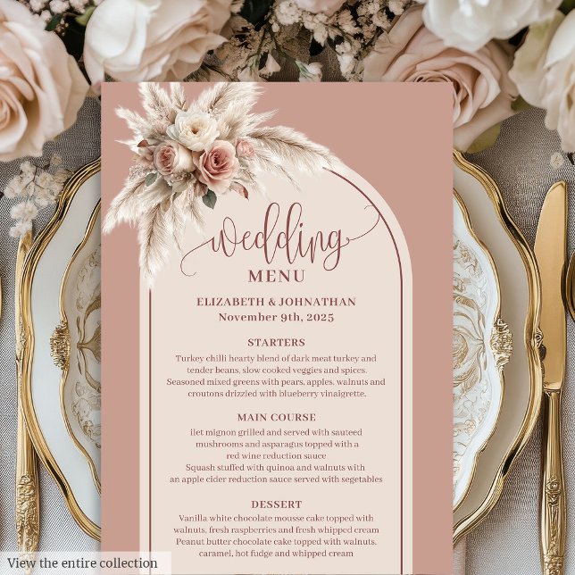 Menu Casamento Floral de Pampas Rosa Empoeirado Boho Lu (Luxurious Boho Dusty Rose Pampas Floral Wedding Menu)