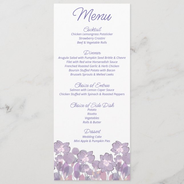 Menu Casamento floral de pelúcia púrpura Pastel (Frente)