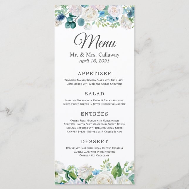 Menu Casamento Floral de Peões Brancos Azuis Sage (Frente)