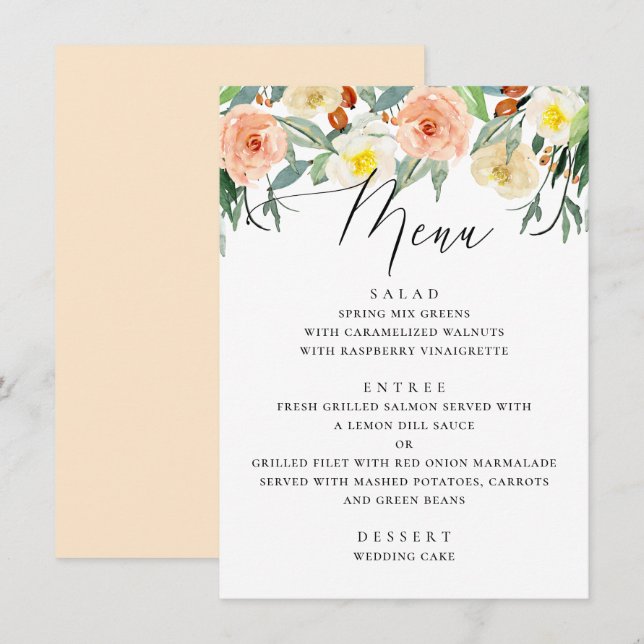 Menu Casamento floral de pêssego de cor d'água elegante (Frente/Verso)