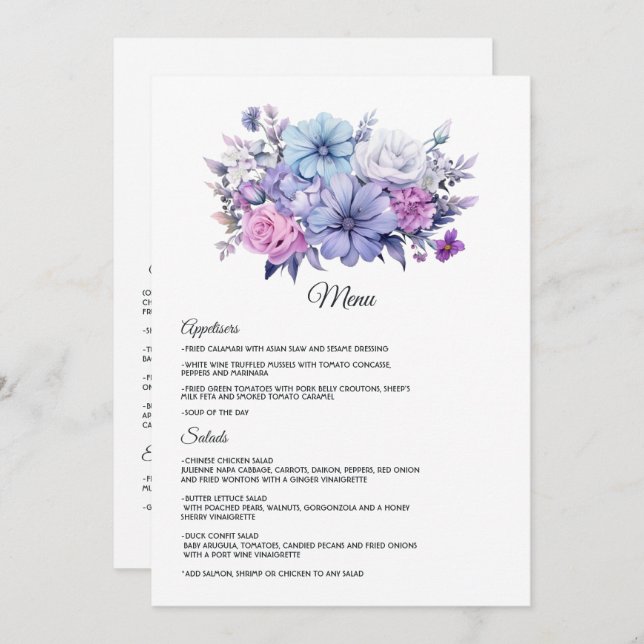 Menu Casamento Floral de Prata, Azul Icy e Lilac (Frente/Verso)