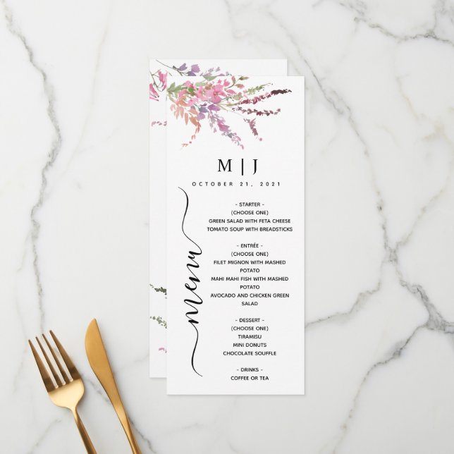 Menu Casamento Floral de primavera Wildflower (Frente/Verso In Situ)