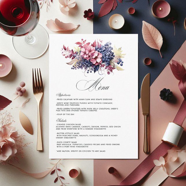Menu Casamento Floral De Provando De Vinho, Marinho E B (Burgundy, Navy and Blush Wine Tasting Floral Wedding Menu)