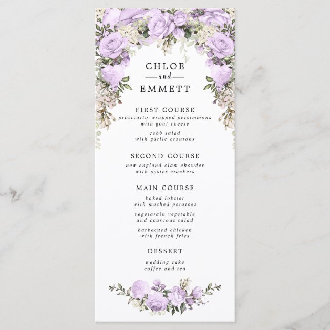 Menu Casamento Floral de Purple Watercolor (Frente)