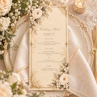 Menu Casamento Floral de Renda Romântico em Marfim Anti