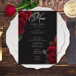 Menu Casamento Floral de Rosas vermelhas de Sangue Eleg<br><div class="desc">Aproveite a elegância do eterno para sua celebração inspirada em gótica com nosso cartão de cardápio de casamento cativante. Um fundo preto suave proporciona a canvas perfeita para um buquê cativante, mas subestimado. Imaginem um arranjo de canto de flores de rosa vermelha de sangue mudo, onde matizes vermelhos ricos se...</div>