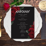 Menu Casamento Floral de Rosas vermelhas de Sangue Eleg<br><div class="desc">Aproveite a elegância do eterno para sua celebração inspirada em gótica com nosso cartão de cardápio de casamento cativante. Um fundo preto suave proporciona a canvas perfeita para um buquê cativante, mas subestimado. Imaginem um arranjo de canto de flores de rosa vermelha de sangue mudo, onde matizes vermelhos ricos se...</div>