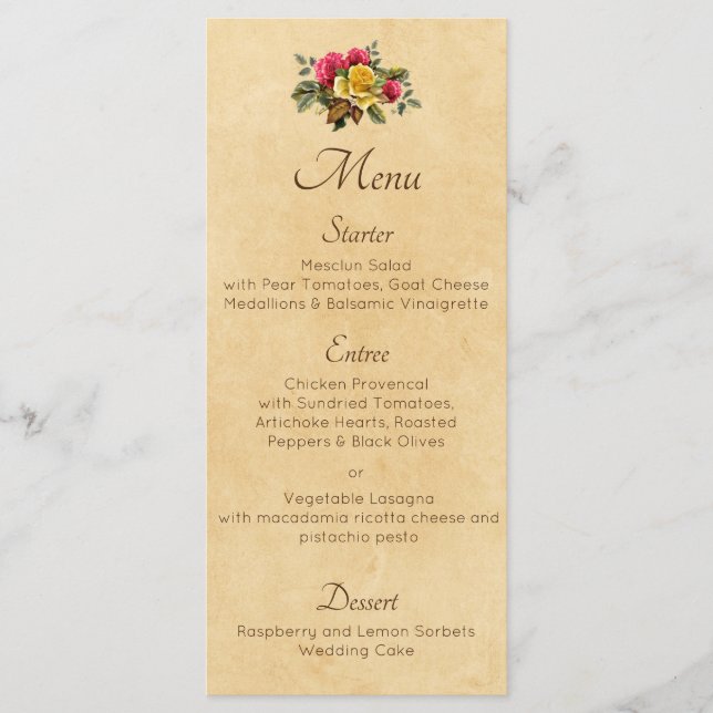 Menu Casamento Floral de Rosas Vermelhas e Amarelas Vin (Frente)