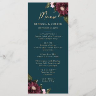 Menu Casamento Floral de Teal Burgundy Escuro Elegante
