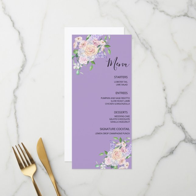 Menu Casamento Floral de Verão com Flor Silvestre Roxa (Frente/Verso In Situ)