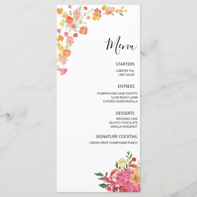 Menu Casamento Floral de Verão Rosa e Laranja (Frente)