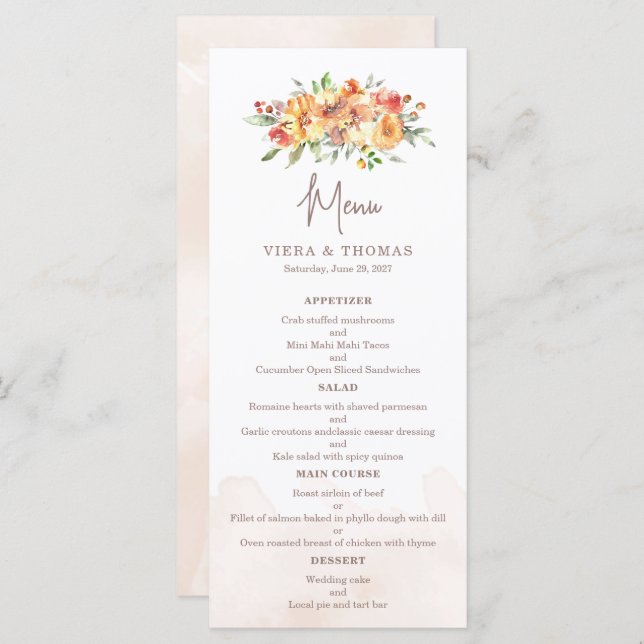 Menu Casamento Floral de Watercolor (Frente/Verso)