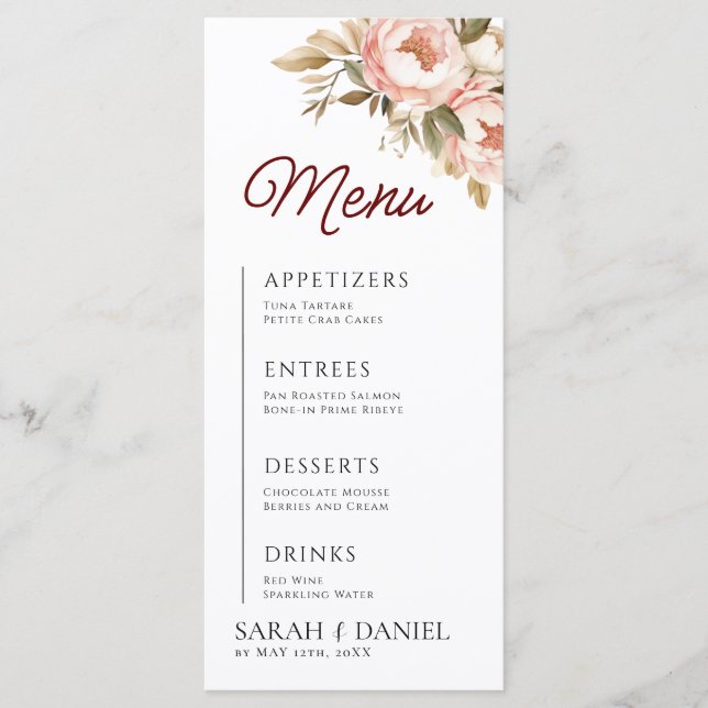 Menu Casamento Floral de Watercolor Boho Peonies (Frente)