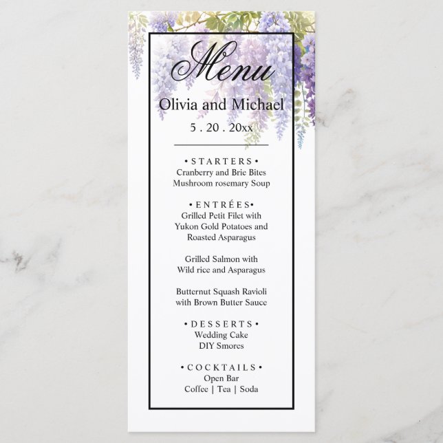 Menu Casamento floral de wisteria de aquarela púrpura E (Frente)