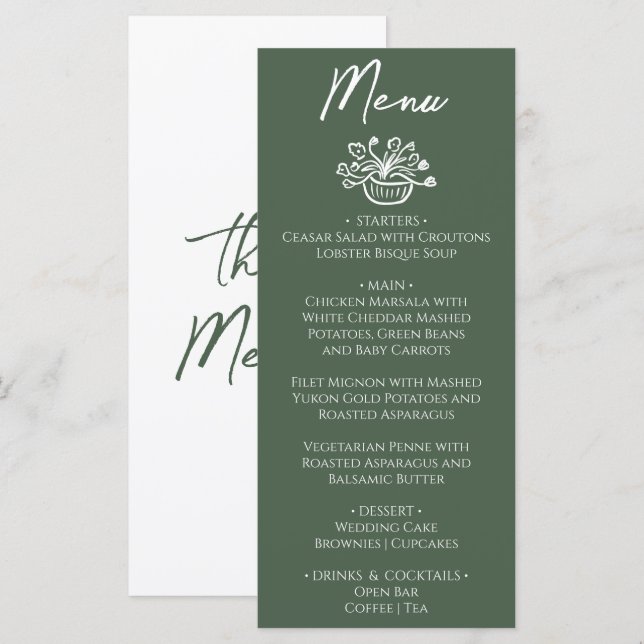 Menu Casamento Floral Desenhado à Mão em Tom de Musgo E (Frente/Verso)