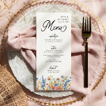 Menu Casamento Floral do Campo de Flor do País<br><div class="desc">Cardápio de casamentos de flores silvestres com títulos em caligrafia elegante e borda de flores silvestres em tons de rosa, amarelo, azul e branco. Flores russas, elegantes estilos e uma paleta colorida multi-temporais combinam-se, extraindo encanto sem esforço. A tapeçaria de cores neste bonito design floral complementará as configurações de casamento...</div>