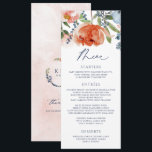 Menu Casamento Floral do Jardim Azul Pessegueiro Laranj<br><div class="desc">Laranja, Peach & Dusty Blue Botanical Wedding Menu: Este belo menu pode ser usado no seu chá de panela ou almoço ou até mesmo no seu casamento. Apresenta flores corajosas em cor laranja, azul empoeirado, azul marinho e cor-de-rosa-pêssego. As costas guardam as suas iniciais e a data do casamento. Você...</div>