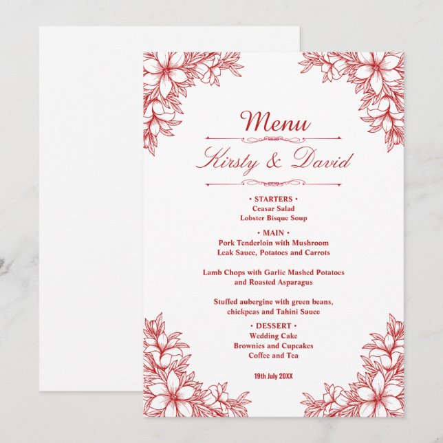 Menu Casamento Floral do Ornamentado Vermelho (Frente/Verso)