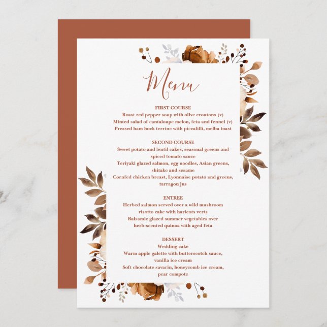 Menu Casamento Floral do País de outono de Terracotta (Frente/Verso)