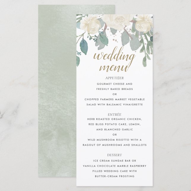 Menu Casamento Floral Dourado Branco Rosas de inverno (Frente/Verso)