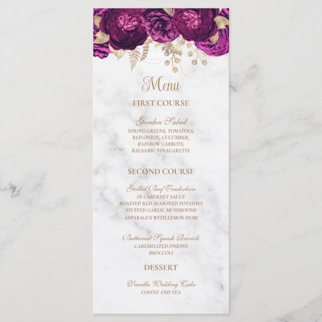 Menu Casamento Floral Dourado de Marble Elegante Fuchsi (Frente)