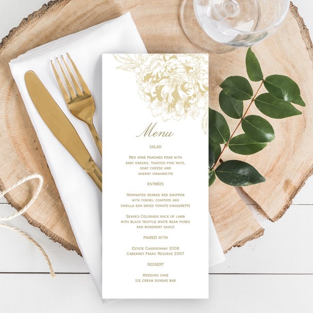 Menu Casamento Floral Dourado de Peony Elegante Champag (Criador carregado)