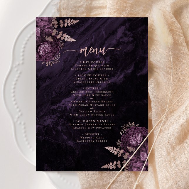 Menu Casamento Floral Dourado Rosa Roxo Elegante (Criador carregado)