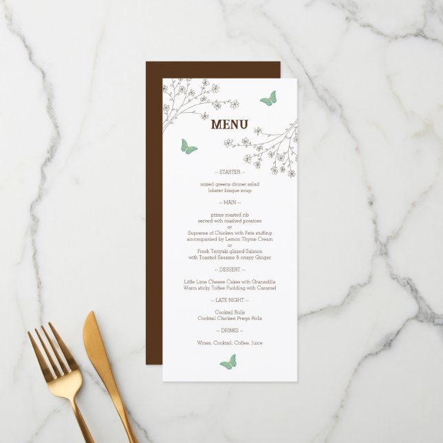 Menu Casamento Floral e Borboleta Elegante (Frente/Verso In Situ)