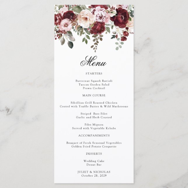 Menu Casamento Floral Elegante Burgundy & Blush Waterco (Frente)