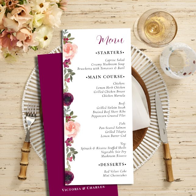 Menu Casamento Floral Elegante Burgundy Watercolor (Criador carregado)