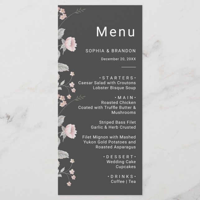 Menu Casamento Floral Elegante De Cinzas Rosa E Escura (Frente)