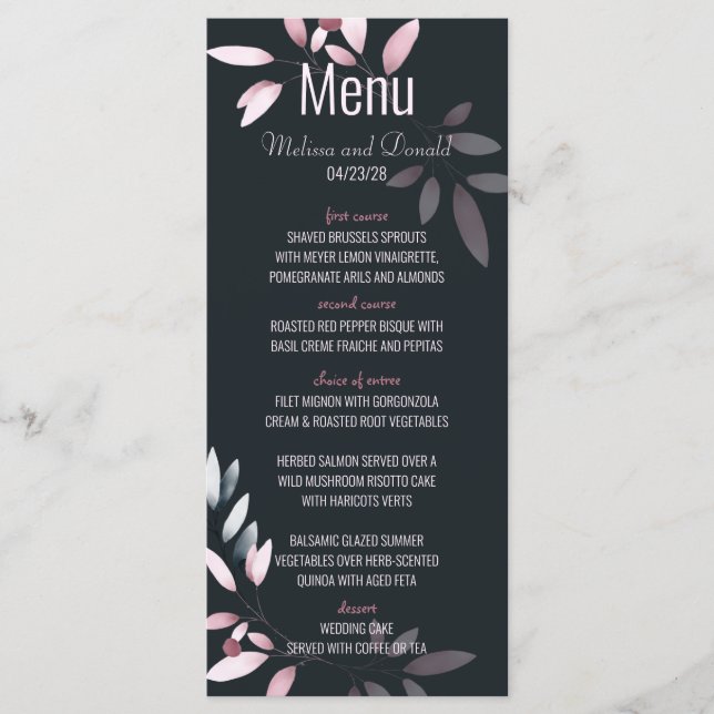 Menu Casamento Floral Elegante De Marinho Rosa (Frente)