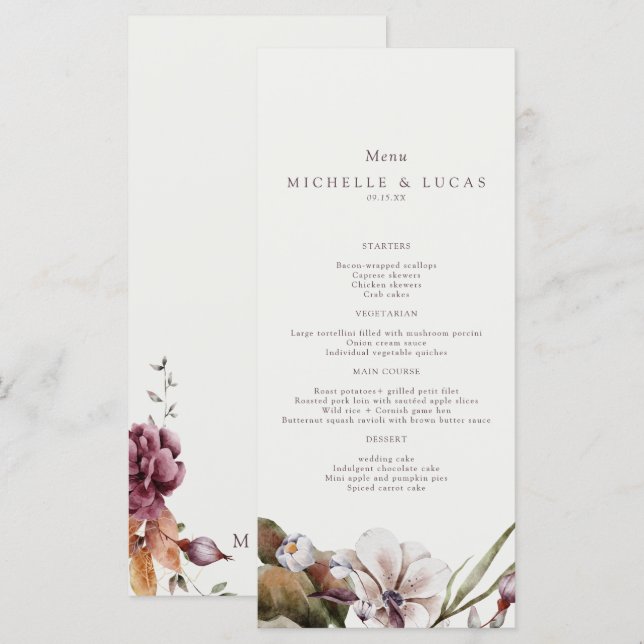 Menu Casamento Floral Elegante de Outono (Frente/Verso)
