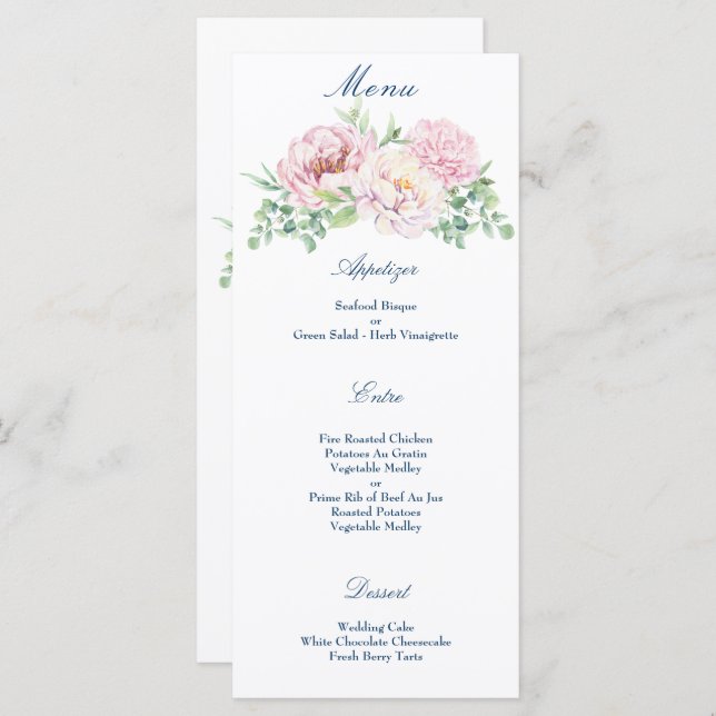Menu Casamento Floral Elegante De Rosas Rosa Suaves (Frente/Verso)