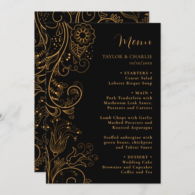 Menu Casamento Floral Elegante Dourado e Negro (Frente/Verso)