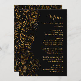 Menu Casamento Floral Elegante Dourado e Negro