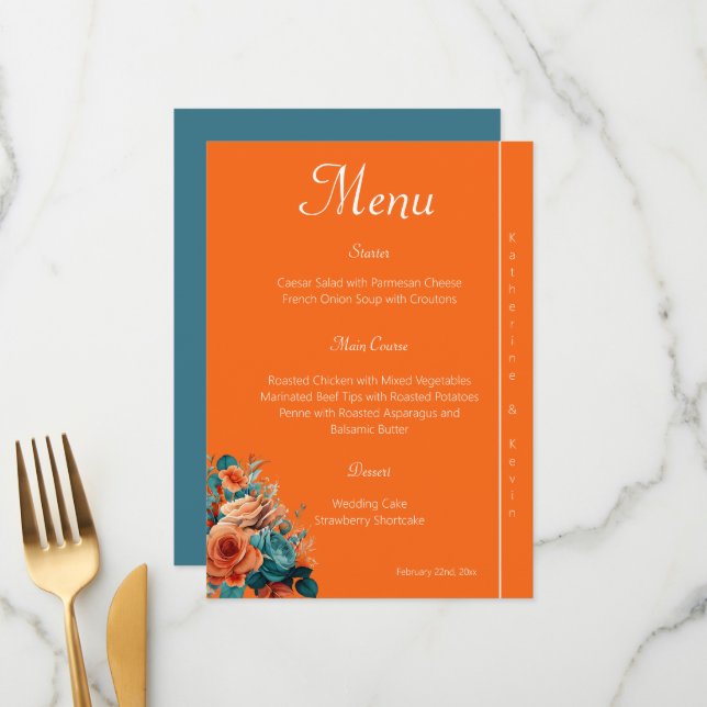 Menu Casamento Floral Elegante e Laranja (Frente/Verso In Situ)