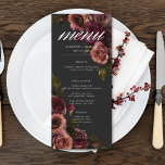 Menu Casamento Floral Elegante Moody Rust & Burgundy<br><div class="desc">Admita elegância eterno para sua celebração inspirada em gótica com nosso cardápio de casamento longo e cativante. Um fundo preto suave proporciona a canvas perfeita para um buquê cativante, mas subestimado. Imaginem um arranjo de canto de flores de rosa silenciadas, onde borrão macio e ferrugem e matizes robustos se misturam...</div>