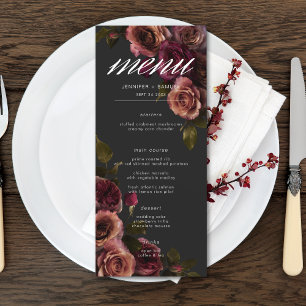 Menu Casamento Floral Elegante Moody Rust & Burgundy