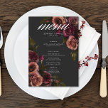Menu Casamento Floral Elegante Moody Rust & Burgundy<br><div class="desc">Aproveite a elegância do eterno para sua celebração inspirada em gótica com nosso cardápio de casamento de cartas pequenas cativante. Um fundo preto suave proporciona a canvas perfeita para um buquê cativante, mas subestimado. Imaginem um arranjo de canto de flores de rosa silenciadas, onde borrão macio e ferrugem e matizes...</div>