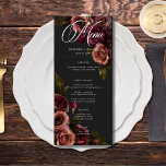 Menu Casamento Floral Elegante Moody Rust & Burgundy<br><div class="desc">Admita elegância eterno para sua celebração inspirada em gótica com nosso cardápio de casamento longo e cativante. Um fundo preto suave proporciona a canvas perfeita para um buquê cativante, mas subestimado. Imaginem um arranjo de canto de flores de rosa silenciadas, onde borrão macio e ferrugem e matizes robustos se misturam...</div>