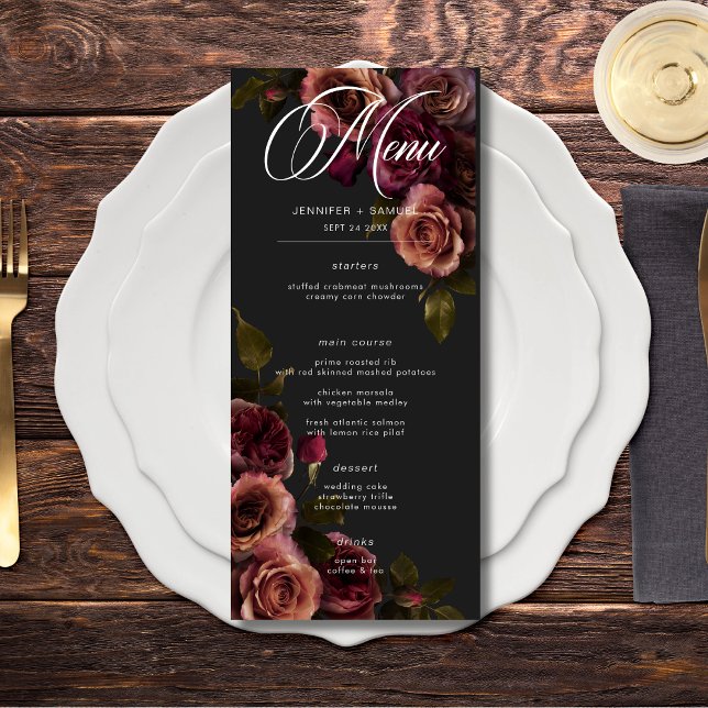 Menu Casamento Floral Elegante Moody Rust & Burgundy (Elegant Moody Muted Rust & Burgundy Floral Wedding Menu)