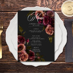 Menu Casamento Floral Elegante Moody Rust & Burgundy<br><div class="desc">Aproveite a elegância do eterno para sua celebração inspirada em gótica com nosso cardápio de casamento de cartas pequenas cativante. Um fundo preto suave proporciona a canvas perfeita para um buquê cativante, mas subestimado. Imaginem um arranjo de canto de flores de rosa silenciadas, onde borrão macio e ferrugem e matizes...</div>