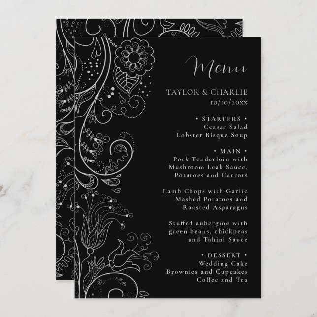 Menu Casamento Floral Elegante Negra (Frente/Verso)