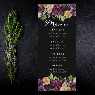 Menu Casamento Floral Elegante Preto-Escuro-Roxo Vintag
