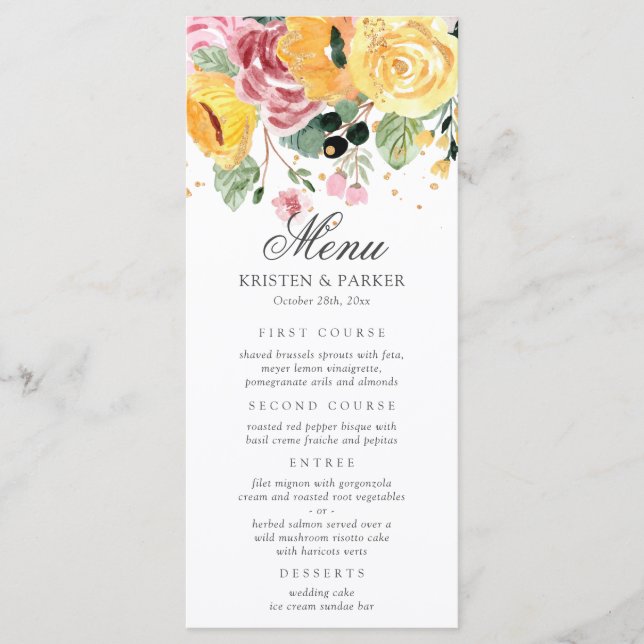 Menu Casamento Floral Elegante Watercolor (Frente)