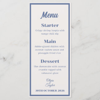 Menu Casamento Floral em Aquarela Azul Desbotado